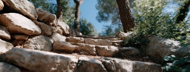 Fototapeta premium Staircase made of ancient stone leads upwards toward city walls, shaded by trees, under a bright blue sky in Aix-en-Provence