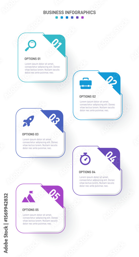 Poster vertical progress bar featuring 5 arrow-shaped elements, symbolizing the five stages of business str