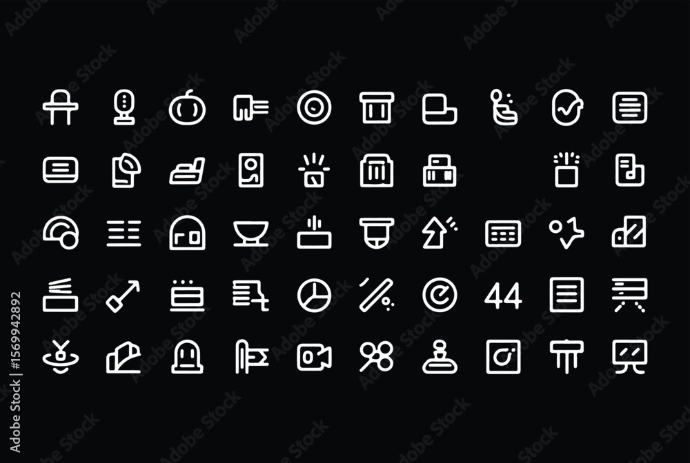 Fototapete Collection of simple white line art icons representing various objects and concepts on a black background for digital design and ui elements