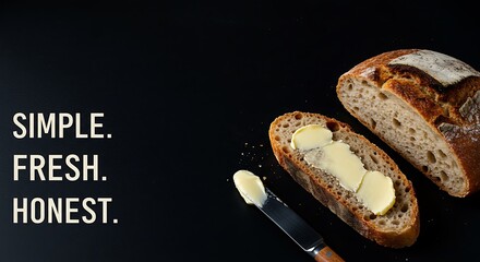 Sliced bread with butter and knife on black background  