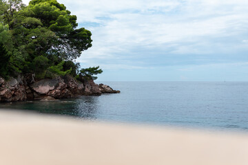 Calm blue sea meeting a sandy beach with lush green, tree-covered rocky cliff under a cloudy sky