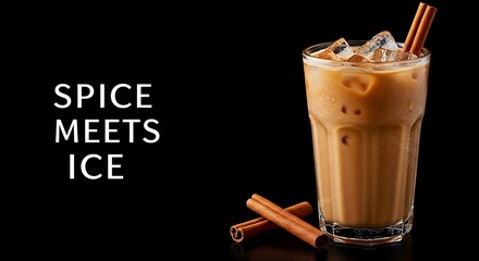 Spiced iced coffee with cinnamon sticks and ice in glass  