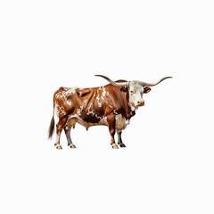Texas Longhorn Cattle: Majestic Texas Longhorn bull standing proudly, showcasing its distinctive long horns and mottled coat.