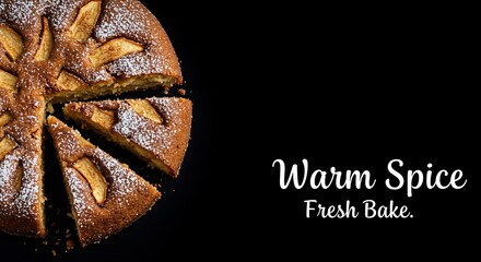 Warm spice cake freshly baked with apple slices on dark background  