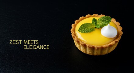 Lemon tart dessert with mint garnish on black background  