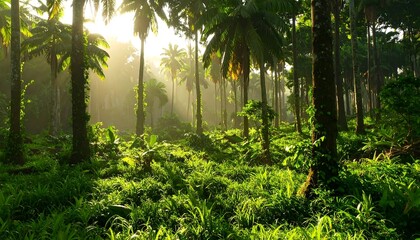 Lush tropical forest at sunrise