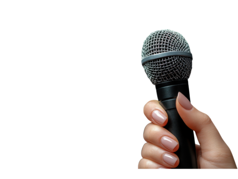 A microphone is being held by a person with long nails