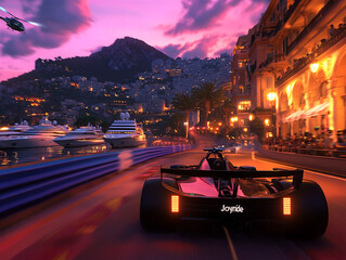A red Formula 1 car speeds down a coastal city track at dusk, with yachts and a helicopter in the background. The image captures high-octane excitement with vibrant city lights and a purple-pink sky o