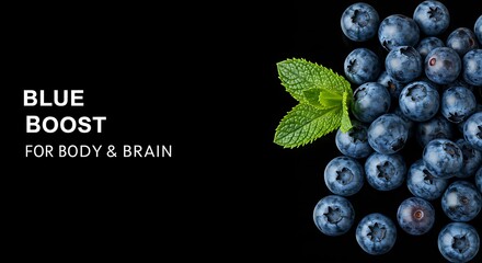 Fresh blueberries with mint leaves on black background  