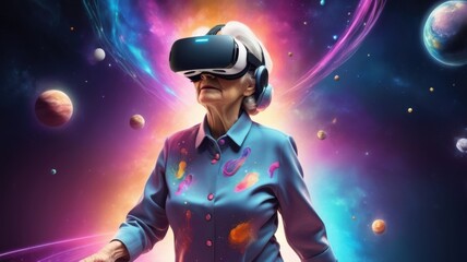 Elderly woman experiencing virtual reality in colorful cosmos headset