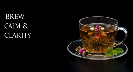 Herbal tea in glass cup with flowers on black background  