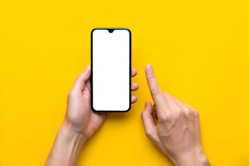 Modern Smartphone Mockup Held Over Bright Yellow Background Ready For Content Display And Presentation in a Minimalist Setting