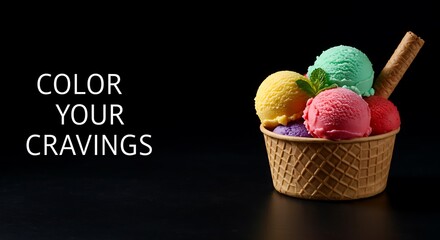 Colorful ice cream scoops in waffle cone on dark background  