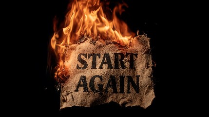 Sheet with the words start again engulfed in flames against a black background image