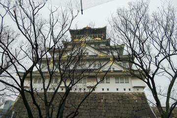 Majestic Osaka Castle is seen through the bare branches of winter trees on cloudy day, creating a...