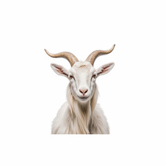 Obraz premium Graceful Goat's Gaze: The image presents a captivating close-up of a goat, its long, flowing beard, and majestic curved horns. The goat's gentle eyes and poised posture emanate a serene.