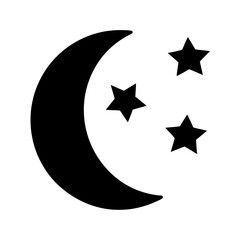A black crescent moon and three stars in a white background image