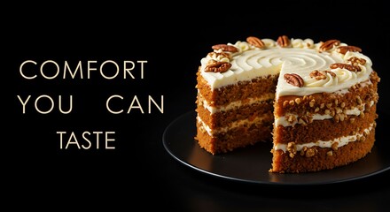 Moist layered cake with cream icing and pecans on black background  