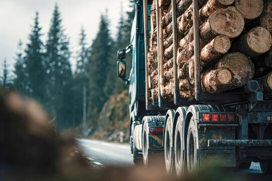 Timber Truck Transporting Logs. Exporting Wood on a Highway with a Trailer Full of Logs. A truck is transporting logs on a semi-trailer on a suburban asphalt highway on a summer day.