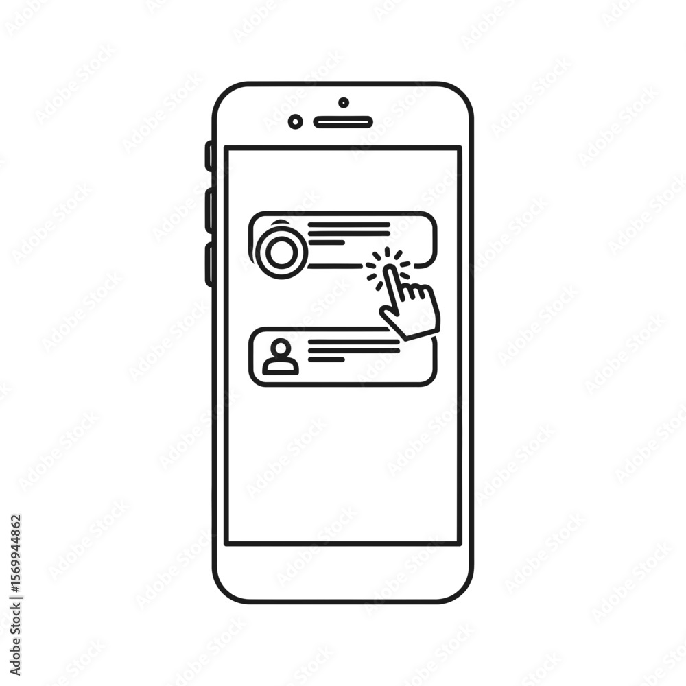 Poster smartphone showing messaging app interface with hand clicking