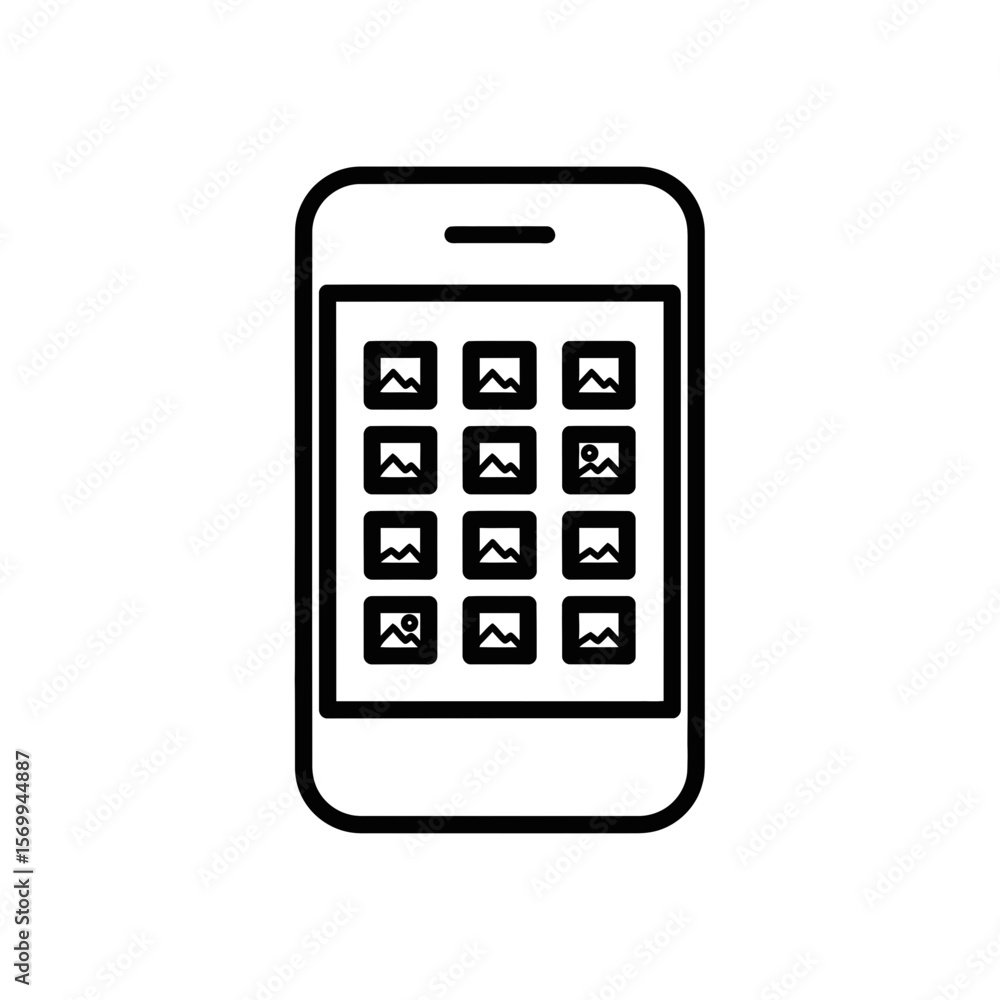 Poster smartphone displaying photo gallery icons in minimalist vector design