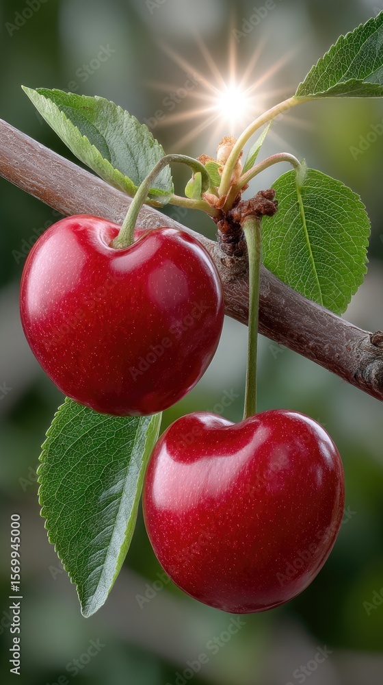 Poster two cherries hang from an apple tree branch, illuminated by sunlight, creating a stunning display of
