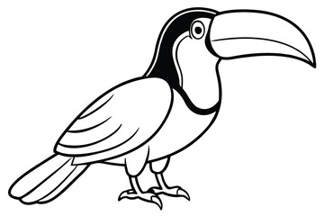 Outlined Cartoon Toucan Bird Standing Showing Large Beak and Detailed Feathers