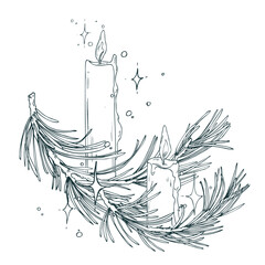 Minimalist holiday arrangement with a candles and pine branch. Hand drawn line art in black ink. Suitable for Christmas cards, logos, and elegant winter projects.