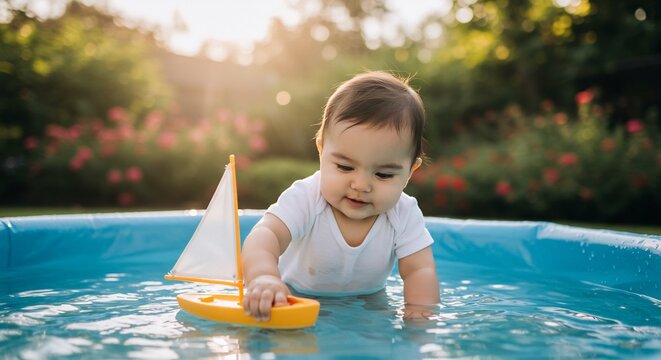Kleines Kind spielt fr�hlich mit Segelboot im sonnigen Gartenpool. AI Generated