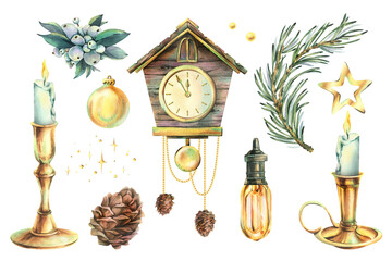 Vintage-style clipart with hand-painted candles, clock, pine, and berries. Watercolor illustration set for festive compositions and holiday crafts. New Year, Christmas Illustration