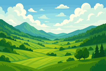 Summer landscape vector illustration with green hills, fields, and mountains. Idyllic rural countryside scenery with forest, valley, trees, blue sky, and clouds. Nature background.