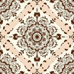 Exquisite Mandala Pattern: An ornate, symmetrical mandala pattern with intricate floral motifs in a palette of brown and beige, creating a visually stunning design.