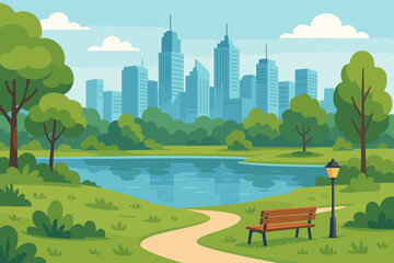 City park with a lake and bench overlooking the downtown skyline. Urban oasis landscape with green nature. Summer cityscape background. Modern flat vector cartoon illustration.