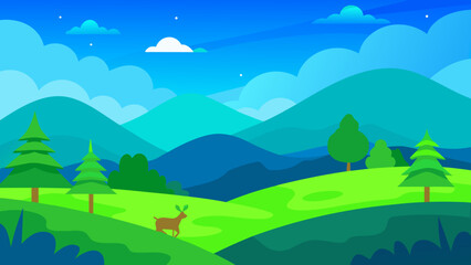 Obraz premium Serene Mountain Landscape with Deer and Lush Green Hills