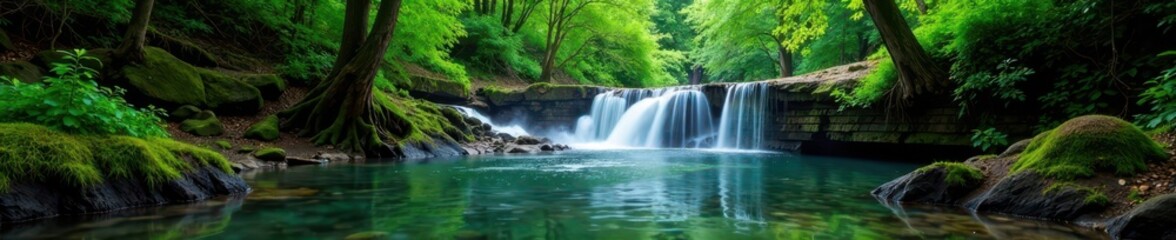 Fototapeta premium gentle stream flows through forest near waterfall and lake, , water, forest