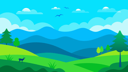 Obraz premium Serene Mountain Landscape with Deer and Birds