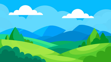 Obraz premium Cartoon Landscape Illustration of Rolling Green Hills and Blue Mountains