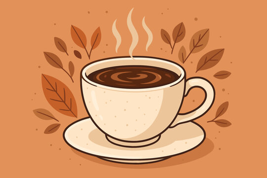 Cup of fresh aromatic coffee with steam. Hot morning beverage vector illustration. Cozy autumn theme with leaves. Flat design for cafe, restaurant menu, poster, or banner.