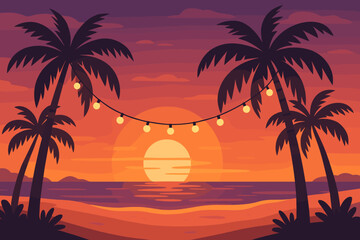 Tropical beach party at sunset with palm tree silhouettes and string lights. Paradise island landscape with ocean view. Summer vacation vector cartoon illustration background.