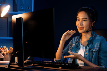 Host channel Asian influencer talking in broadcast streaming online wearing headsets on social...