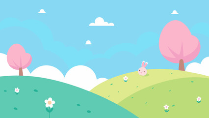 Cute Bunny in Springtime Hill Landscape Illustration