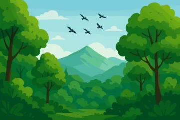 Poster Lush green deciduous forest landscape with diverse trees, bushes, distant mountains, blue sky, fluffy clouds, and flying birds. Scenic nature background vector illustration