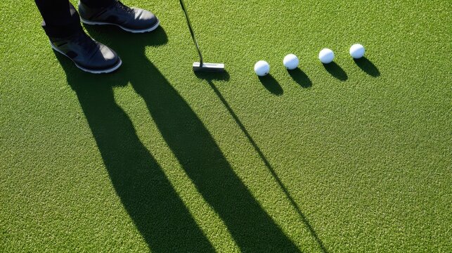 The golfer prepares for a precise putting shot on a sunlit green.