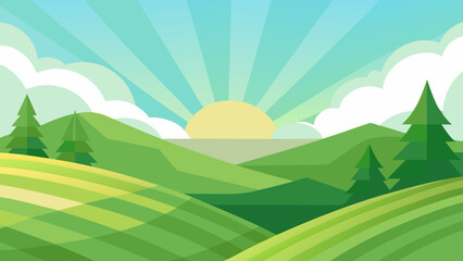 Obraz premium Sunrise Over Rolling Green Hills and Evergreen Trees