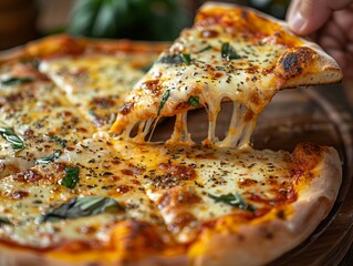 Suculenta pizza con el queso derretido acabada de sacar del horno de piedra.