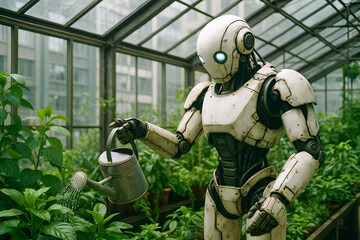 Humanoid Robot Tending Plants in Greenhouse