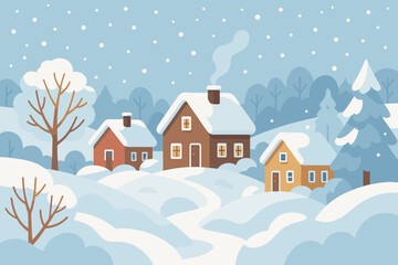 Fototapeta premium Snow-covered village houses nestled among snowdrifts and frosted trees in winter rural landscape, snowy weather day, modern flat vector cartoon illustration, cozy countryside scene