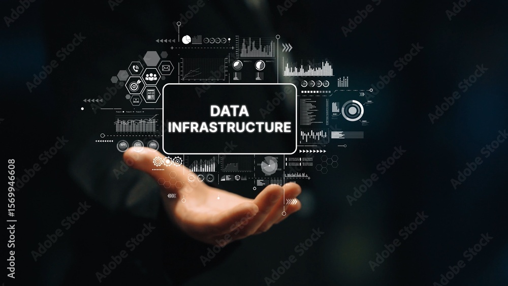 Fototapete futuristic data infrastructure concept with technology graphics and businessman holding transparent 