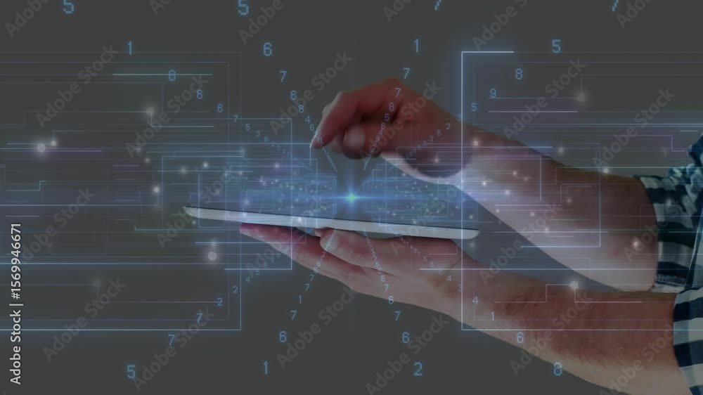 Aufkleber right hand holding tablet finger tapping node starting 3d network expanding settling for data demo