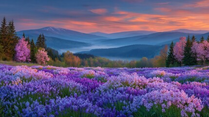 Fototapeta premium Sunrise over Mountainous Landscape with Blooming Flowers